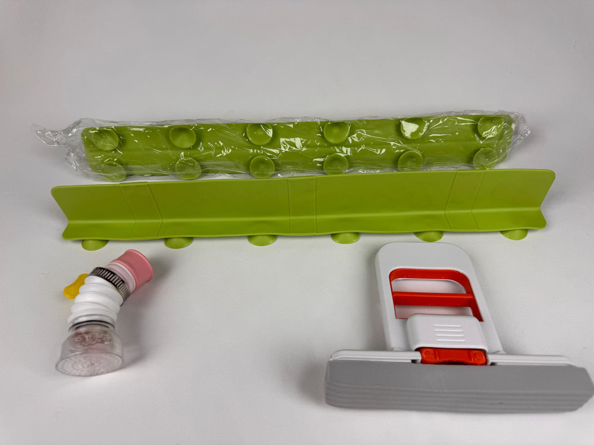 4-Piece Kitchen Cleaning Set – Sink Splash Guard, Mini Mop & Faucet Clip