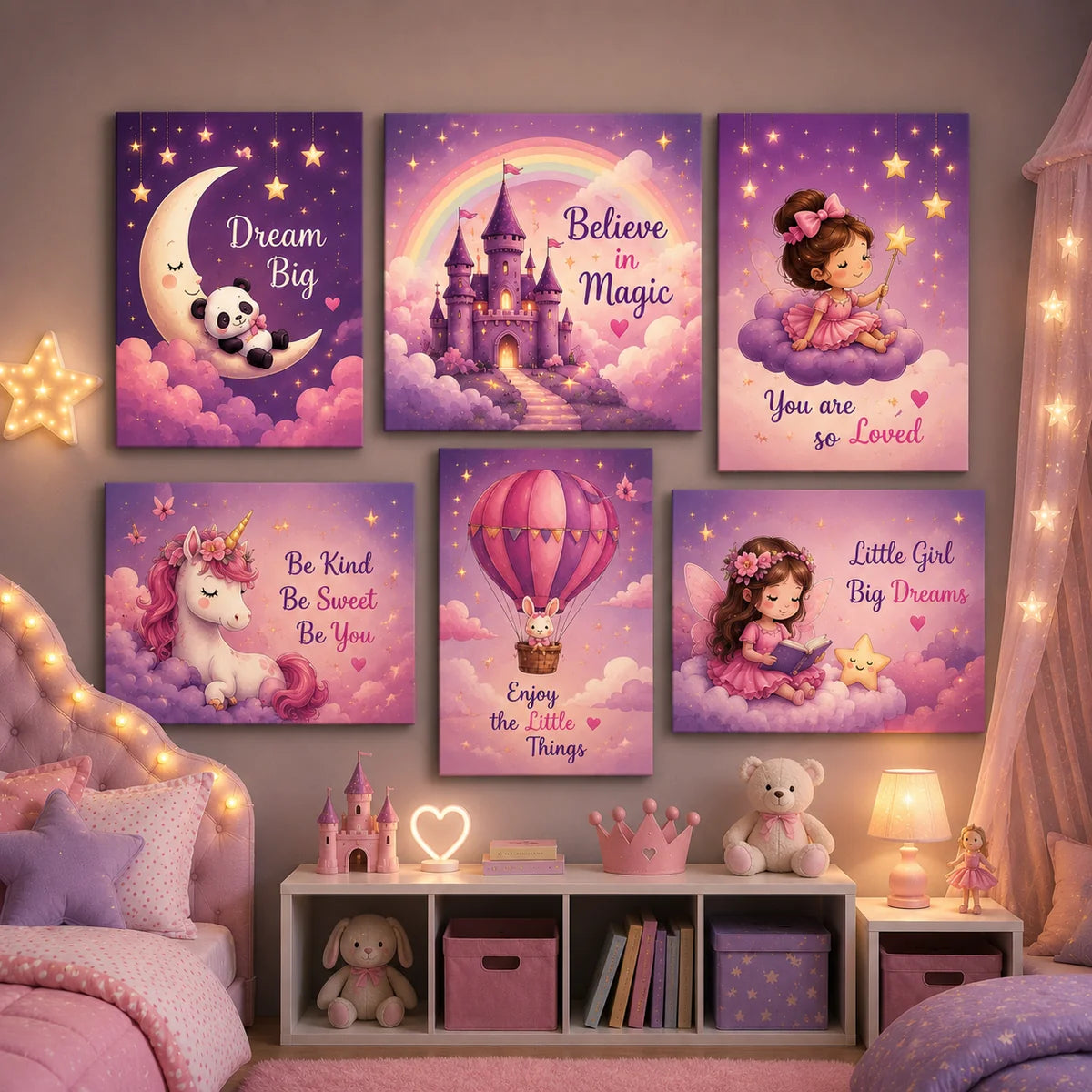 6 Pcs Fairy Tale Kids Wall Art Tiles – Unicorn & Castle Sticky Wall Decor