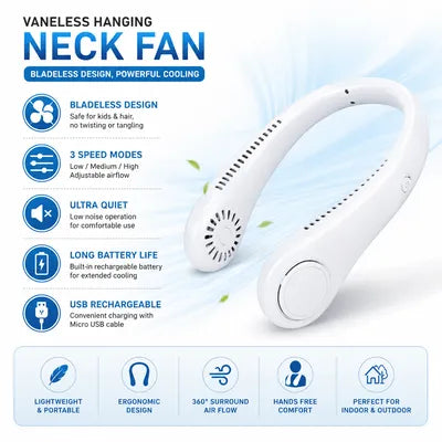 USB Rechargeable Neck Fan – 3-Speed 360° Rotating Portable Neck Hanging Fan