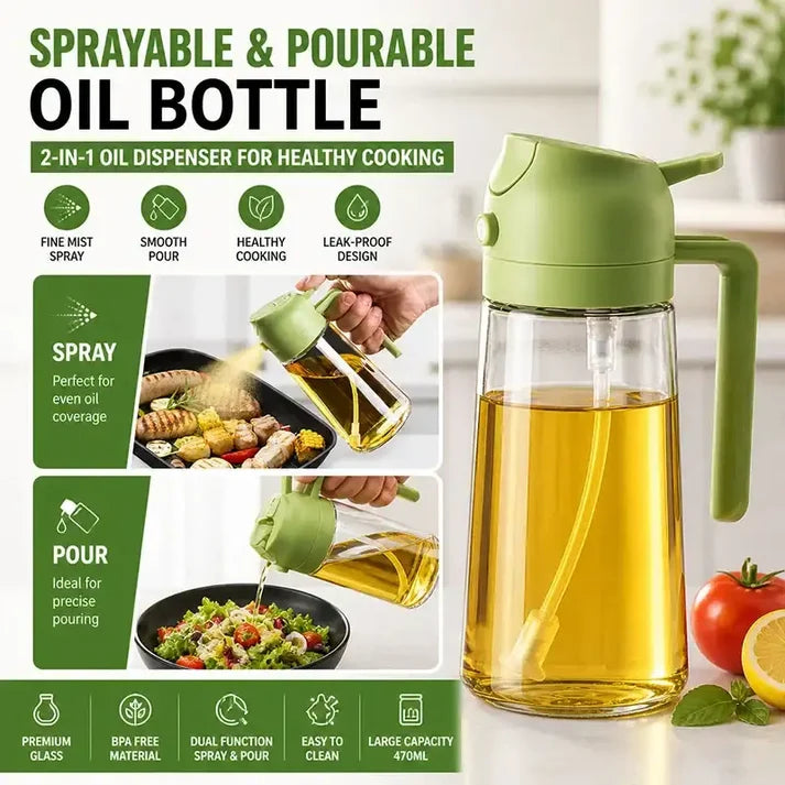 2-in-1 Oil Spray Bottle – 470ml Glass Oil Sprayer &amp; Dispenser for Cooking