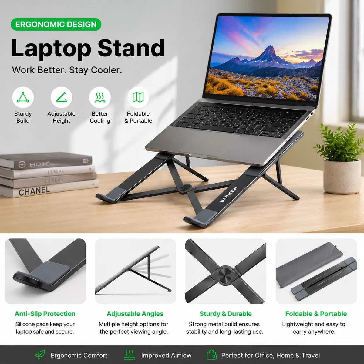 Adjustable Metal Laptop Stand – Foldable &amp; Portable Laptop Holder with Cover