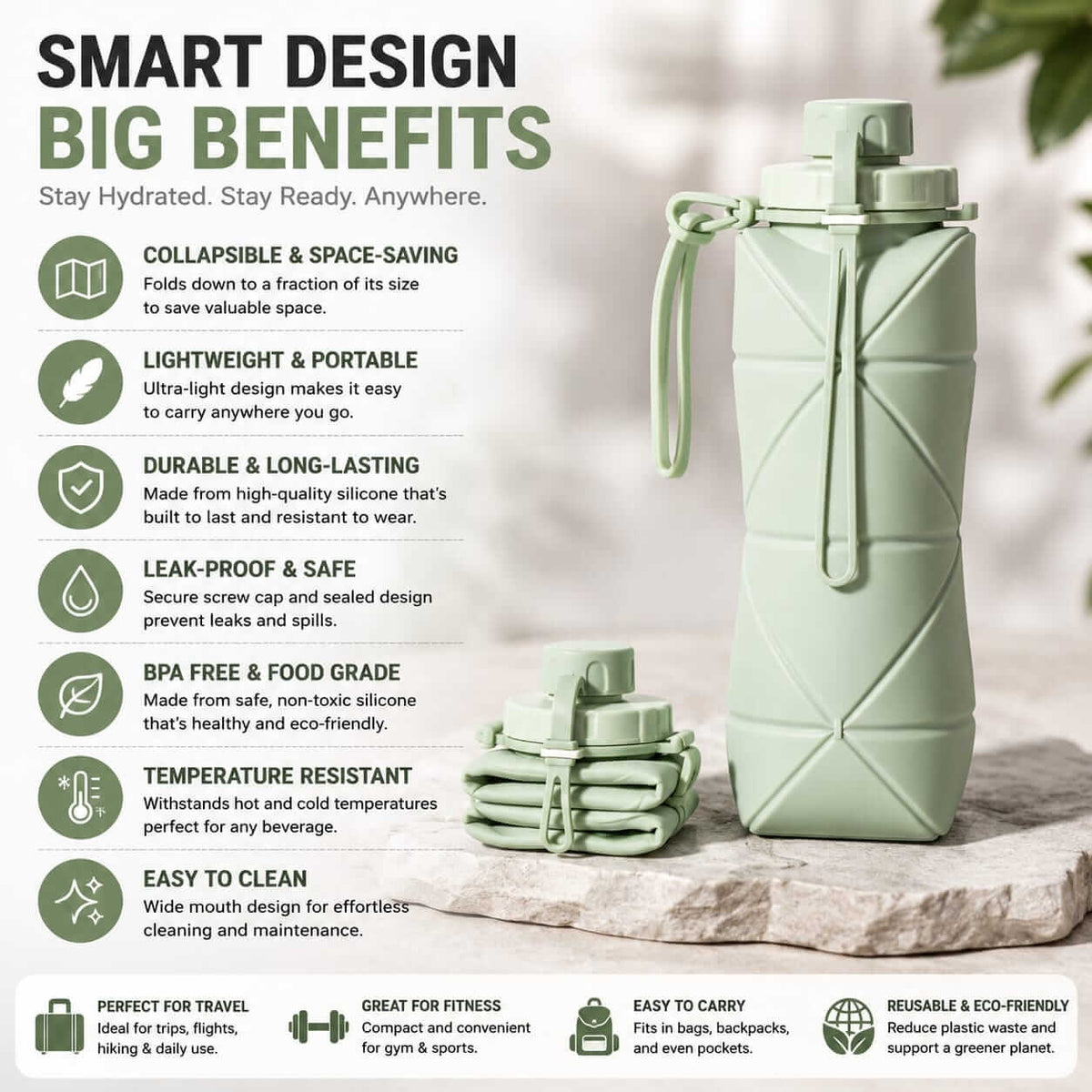 600ml Silicone Folding Bottle – Collapsible Reusable Water Bottle for Travel &amp; Gym