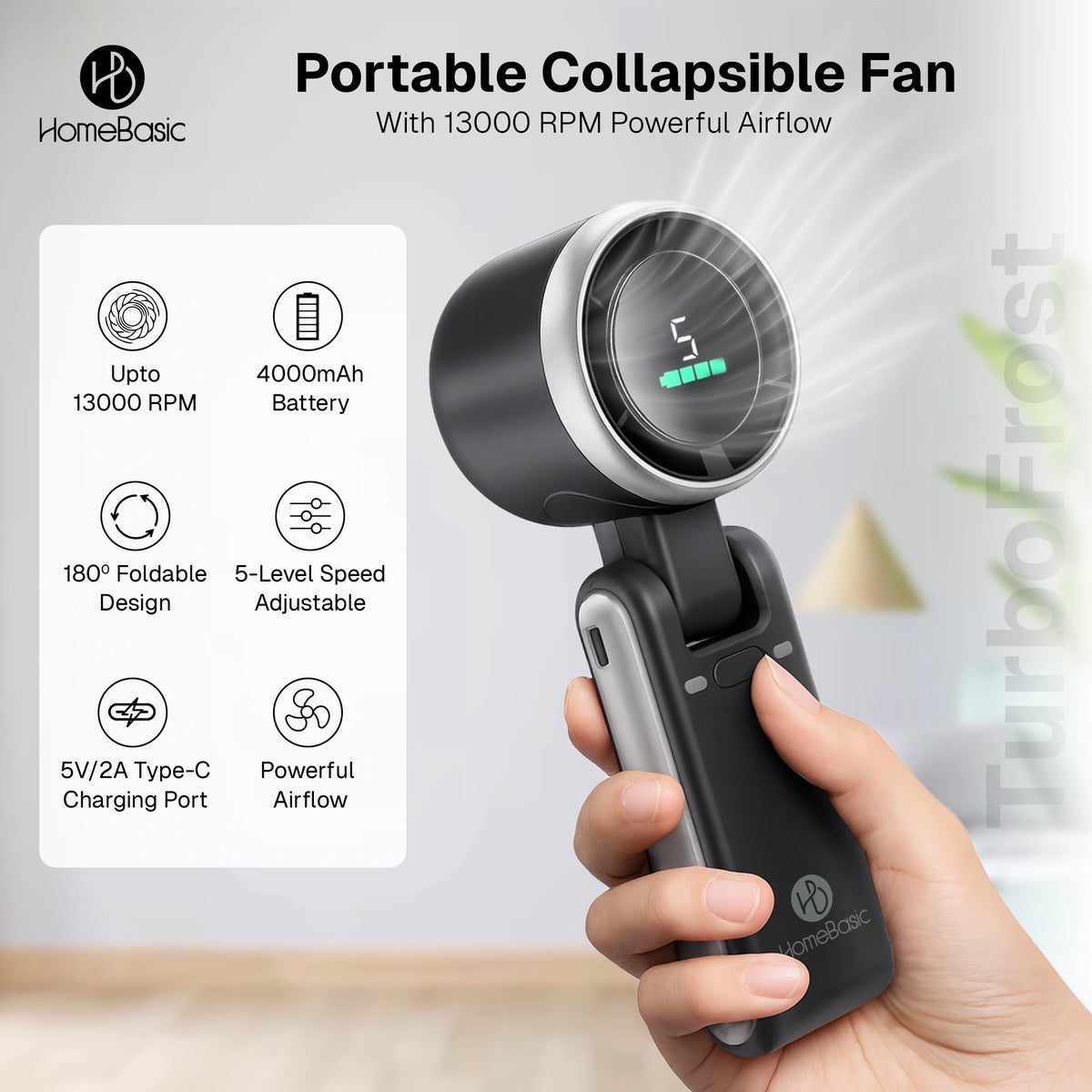 Handheld Folding Turbo Fan – 5-Speed Portable Rechargeable Mini Fan